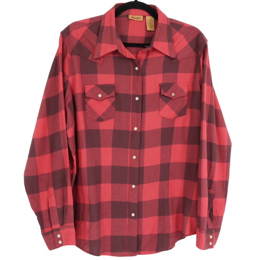 Wrangler Mens Size XL Red Buffalo Plaid Western Pearl Snap Flannel Shirt